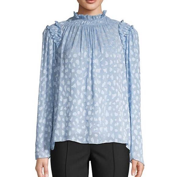 Rebecca Taylor Shirred Ruffle Mock Neck Long Sleeve Top  Size 4 Blue - Picture 1 of 10
